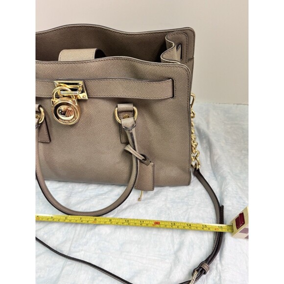 Michael Kors Hamilton Taupe Satchel Bag with Golden Chain Lock & Key - Picture 10 of 11
